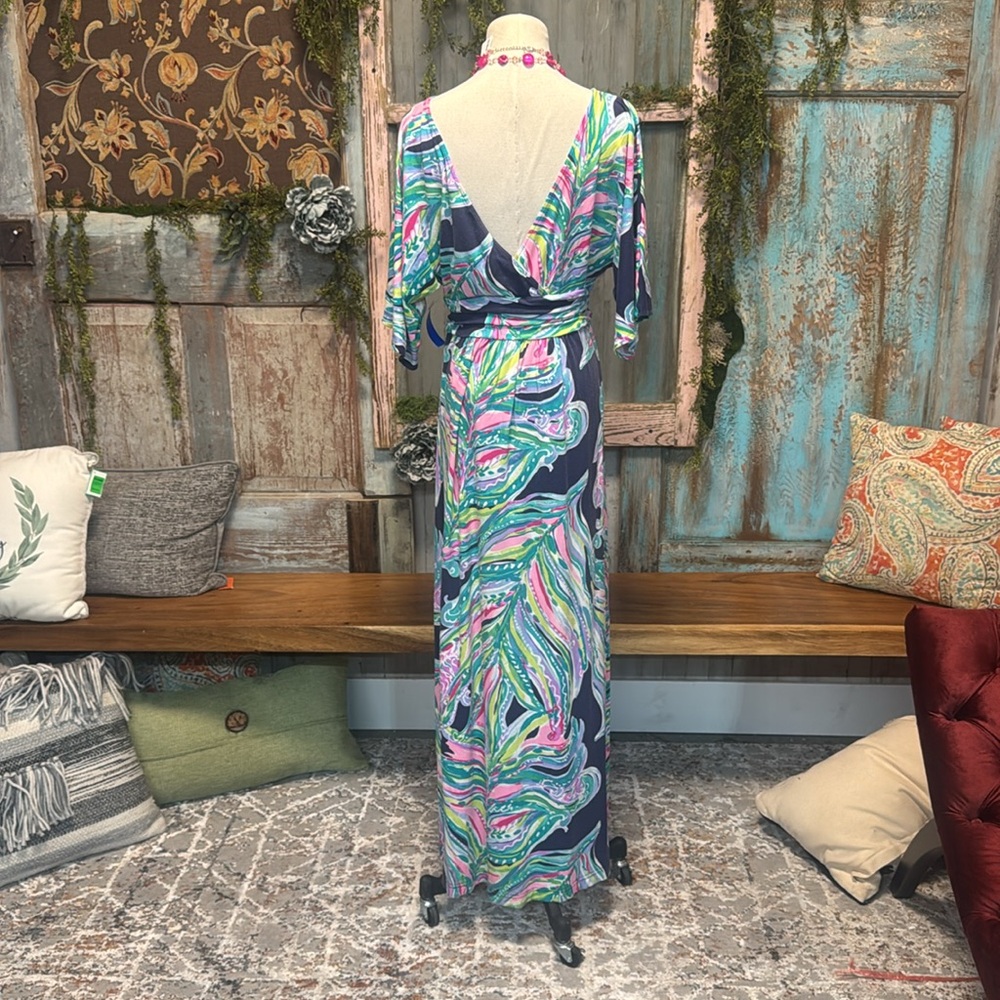 Lilly Pulitzer Wrap Maxi Dress Navy Pink Green Large - Picture 3 of 7